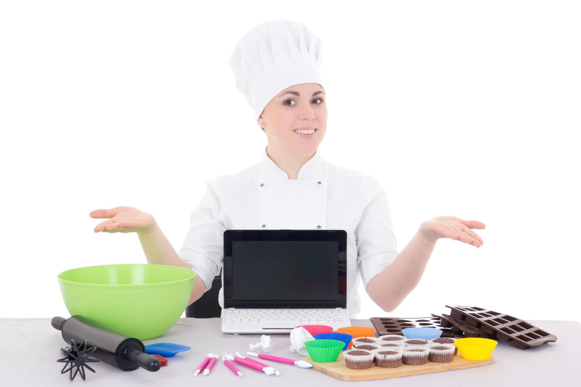 Chef teaching online in warm kitchen